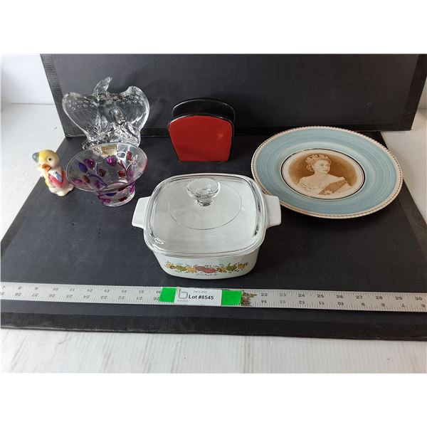 Queen Elizabeth II Coronation Plate, Glass Eagle Figurine, Casserole Dish 8.75" Diameter, Misc.