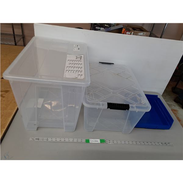 *(2) Plastic Storage Totes Up to 22" x 15.5" x 16.5"- One Lid Clip Broken & Paper Sorting Tray, Cann