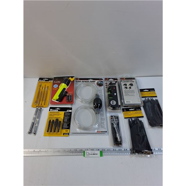Tool Lot: Fluid Siphon, Laser Pro, Zip Ties, Flashlight, Tire Pressure Gauges, Misc