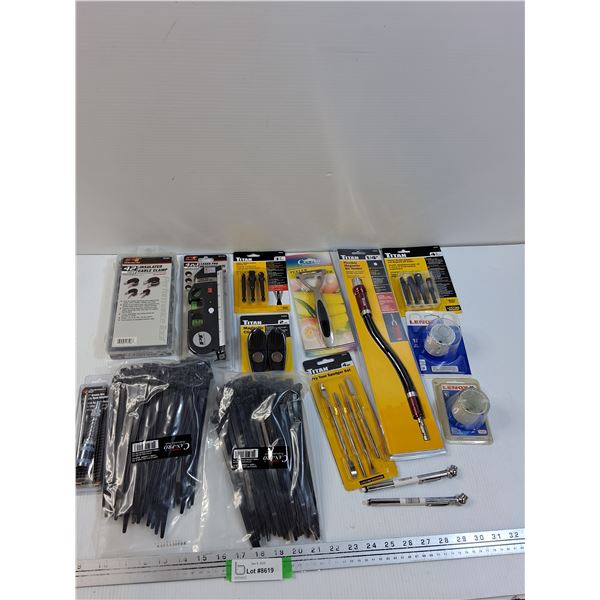 Tool Lot: Hole Saw Bits, Cable Clamps, Zip Ties, Level, Misc