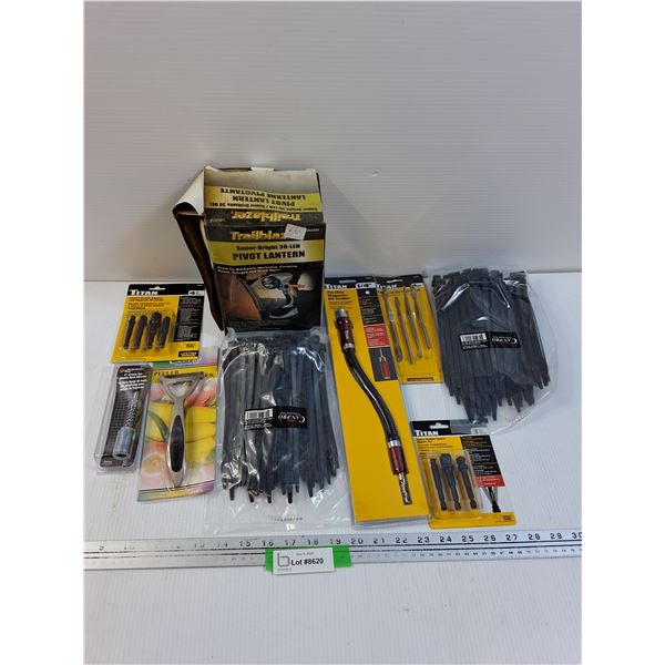 Tool Lot: Drill Bits, Zip Ties, Flashlight, Hose Adapter, Misc