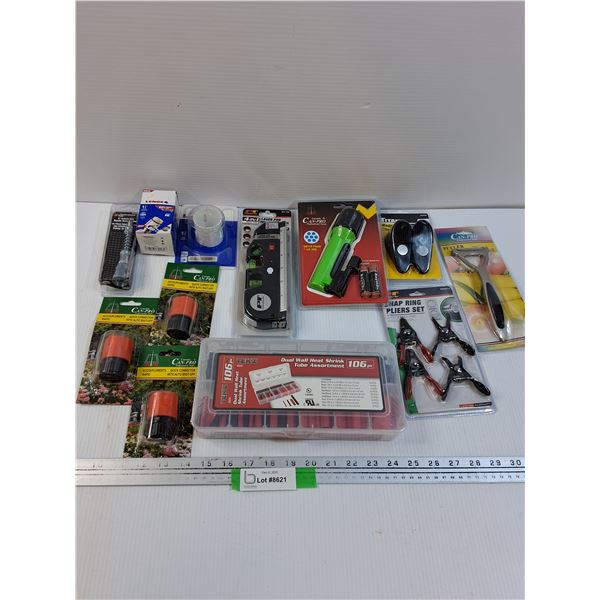 Tool Lot: Water Hose Connectors, Level, Heat Shrink, Snap Ring Pliers, Misc
