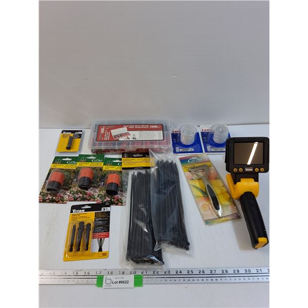 Tool Lot: Zip Ties, Inspection Camera, Reader, Heat Shrinks, Hole Saw Bits, Misc