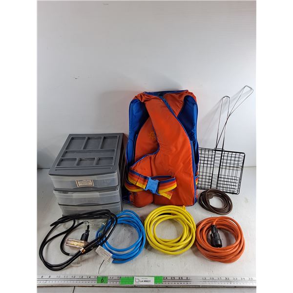 3 Drawer Organizer, Buoy O Boy Boating Vest - Size L, Extension Cords, Grill Basket - PICK UP