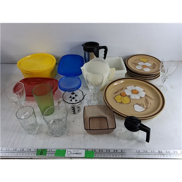 Plastic Containers, Goblets,  Ceramic Dining Plates, Insulated Cup, Measuring Pitchers, Misc