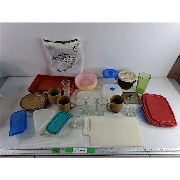 Coffee Cups & Saucers, Glasses, Cutting Board, Pencil Carbon Paper, Plastic Containers & Lids, Misc