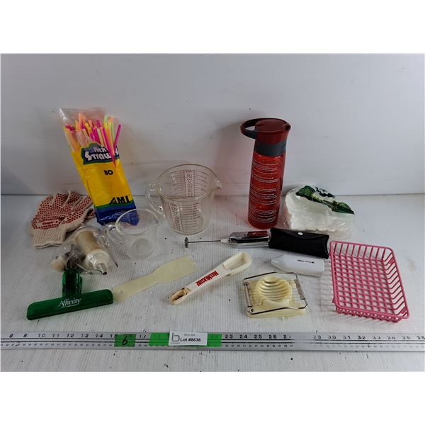 Pyrex Measuring Pitchers, Flex Straws, Egg Slicer, Icing Piping Set, Measuring Scoop, Misc