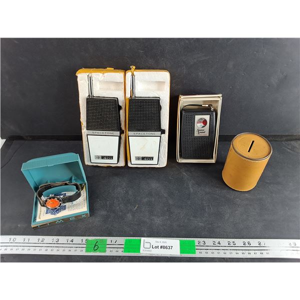 Vintage Timex Quartz Watch, Spacetone 4TR Walkie Talkie, Sweet Sound Radio - As Is, Coin Bank