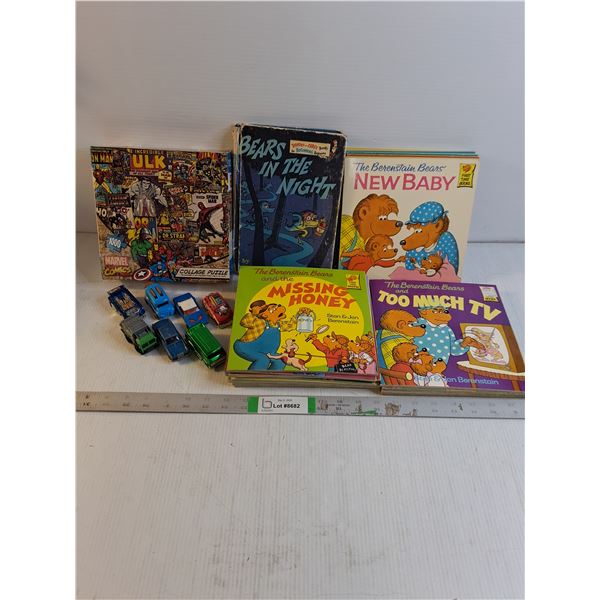 (22) Berenstein Bears Children's Books,Marvel Comics Puzzle and (7) Toy Cars