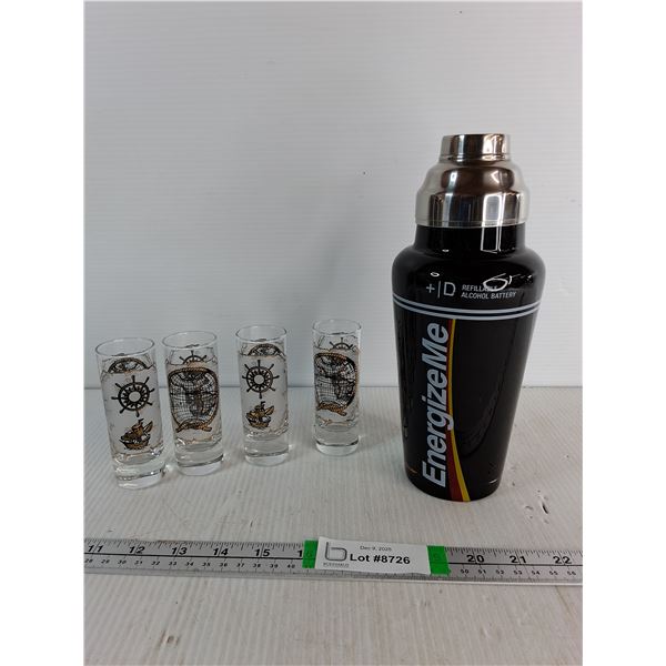 Cocktail Shaker Approx 10" With Four Shot Glasses