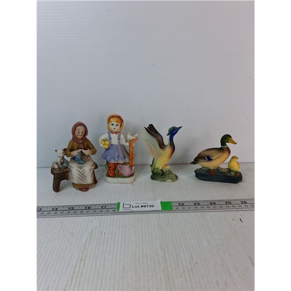 Ceramic Figurines Up to 5"- Ducks, Grandmas Knitting With Cat, Girl With Corn Teapot And Dove