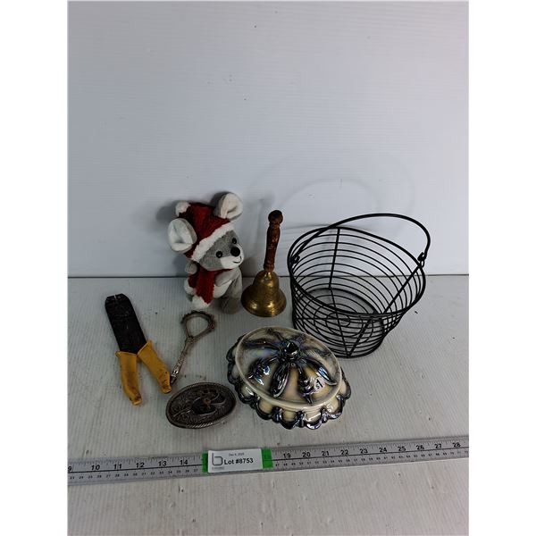 Ceramic Dish W/ Lid, Belt Buckle, Bell, Stuffed Christmas Puppy, Wire Basket, Misc