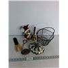 Image 1 : Ceramic Dish W/ Lid, Belt Buckle, Bell, Stuffed Christmas Puppy, Wire Basket, Misc