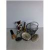 Image 2 : Ceramic Dish W/ Lid, Belt Buckle, Bell, Stuffed Christmas Puppy, Wire Basket, Misc
