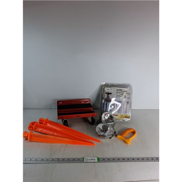 Utility Dolly, (3)Jumbo Stakes, EasyHeat Water Pipe Freeze Protection, (2) Fog Lights,  Knife Sharpe