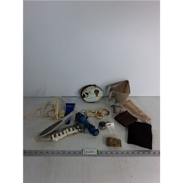 Belt Buckle, Elephant Shot Glass, Pedicure Set, Lash Light, Wood Board Painting, Lock, Misc