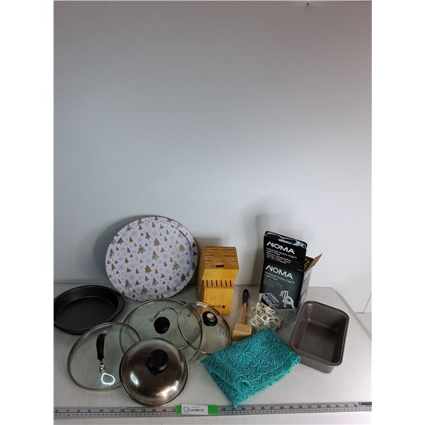 (5) Pot Lids, Sabatier Knife Holder, Baking Pans, (50) Noma Universal light Clips, Wooden Meat Tende