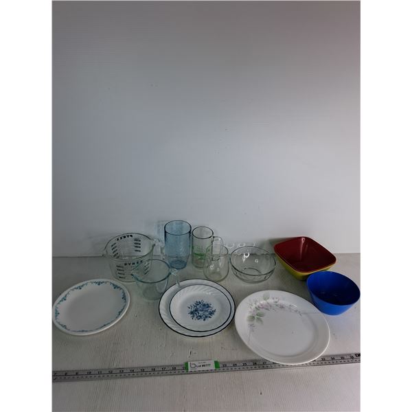 (2)Pyrex Measuring Cups, (5)Ceramic Plates Up To Approx10", (3)Cups Up To 6.5",(3) Plastic Bowls