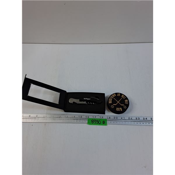 Invigor Wine Bottle Opener & Rosetown Hockey Puck