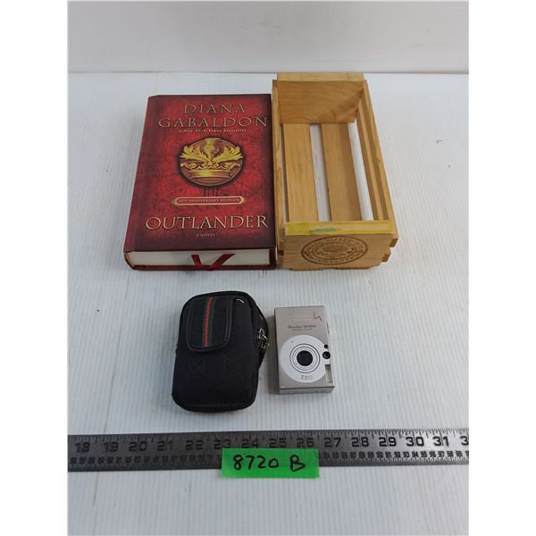 Outlander Hard Cover Novel, Canon Powershot SD1000 Digital Camera w/Case, Small Wooden Crate
