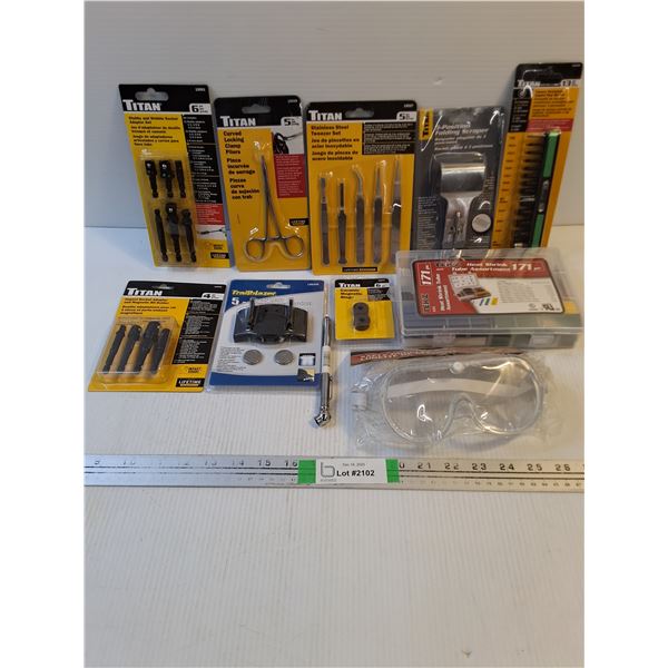 NOS Tool Lot-Heat Shrink Tube Ass't,Safety Goggles,Tweezer Set and more as pictured