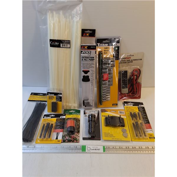 NOS Tool Lot-100 Pc. Cable Ties,13 Piece Bit Socket Set and more as pictured