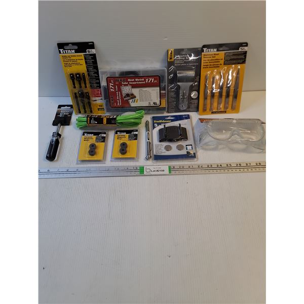 NOS Tool Lot-Heat Shrink Tube Assortment,Safety Glasses,Foldinjg Scraper and more in pictures