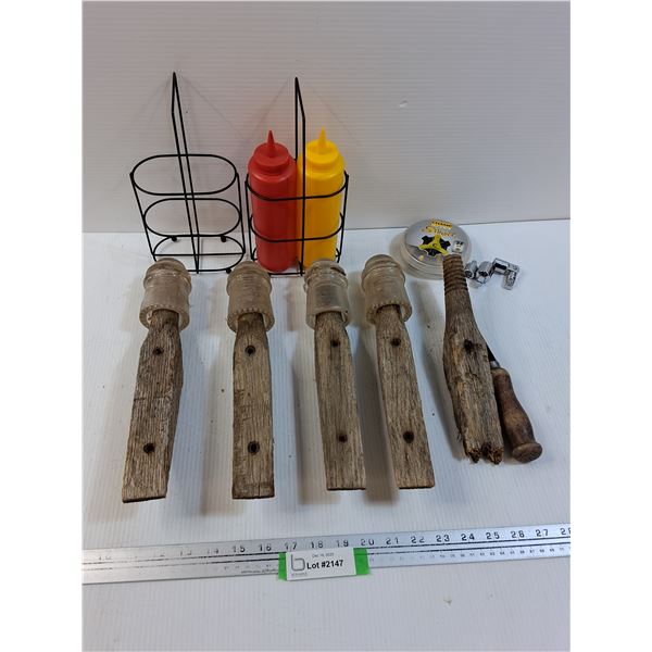 (5) Glass Insulator Posts w/Four Insulators, Condiment Carriers, Shoe Studs, Misc