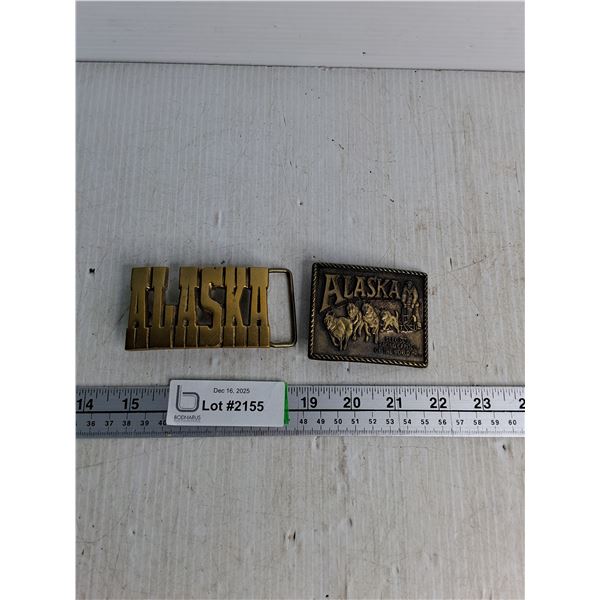 (2) Alaska Themed Brass And Metal Belt Buckles