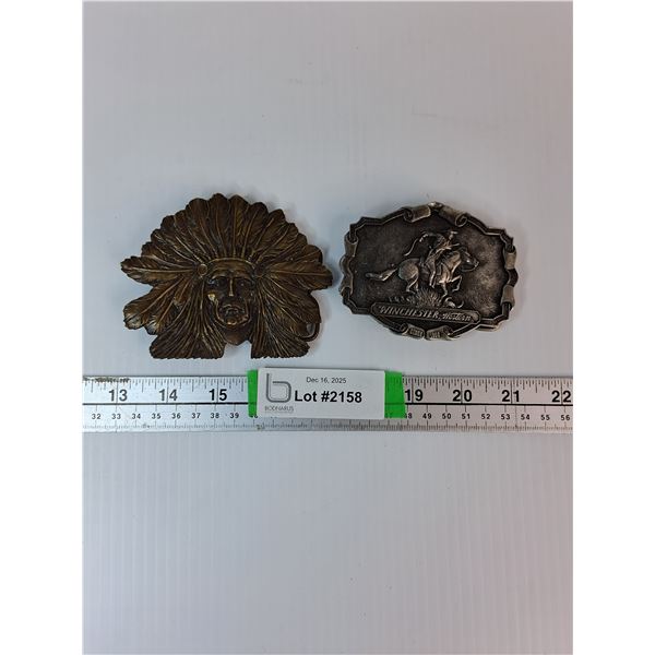 (2) Brass Belt Buckles- Winchester Western And Indigenous Chief Themed
