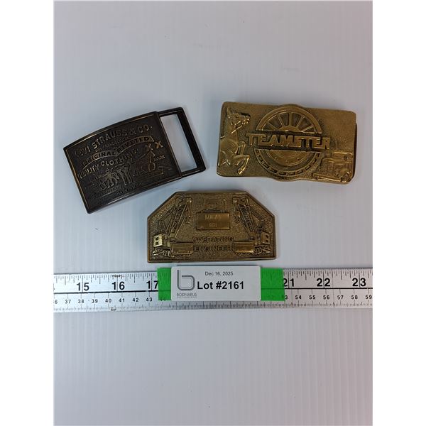 (3) Brass Belt Buckles- Teamster, Levi Strauss & Co, Operating Engineer Themed