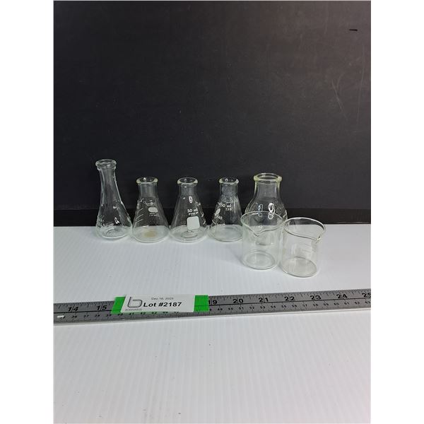 (7) 50ml Laboratory Glassware- Pyrex Erlenmeyer Flasks And Beakers