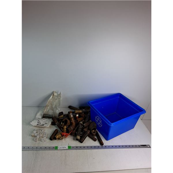 Various Pipe Parts And Valves, Propex Rings, Stainless Steel Clamp, Recycling Bin Approx 14.5" x 12"