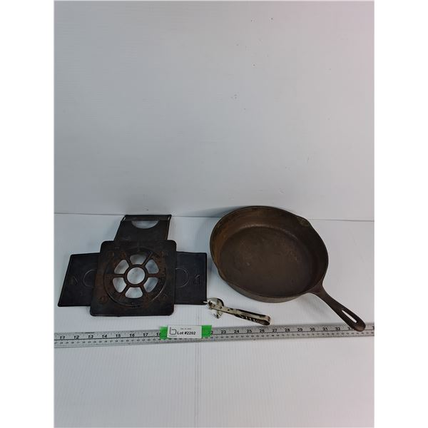 10 1/2" Skillet, Folding Camp Stove, Vintage Androck Multi-tool Can, Bottle Opener, & Corkscrew.