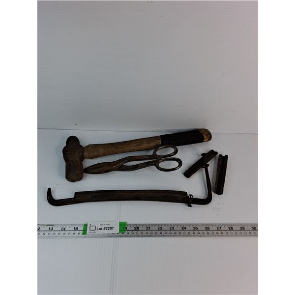 Hammer, Pair Of Metal Shears, A Drawknife