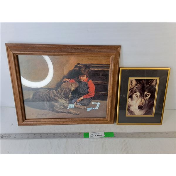 (2) Paintings- Wolf and Boy & Dog Up to 16.75" x 13.75"