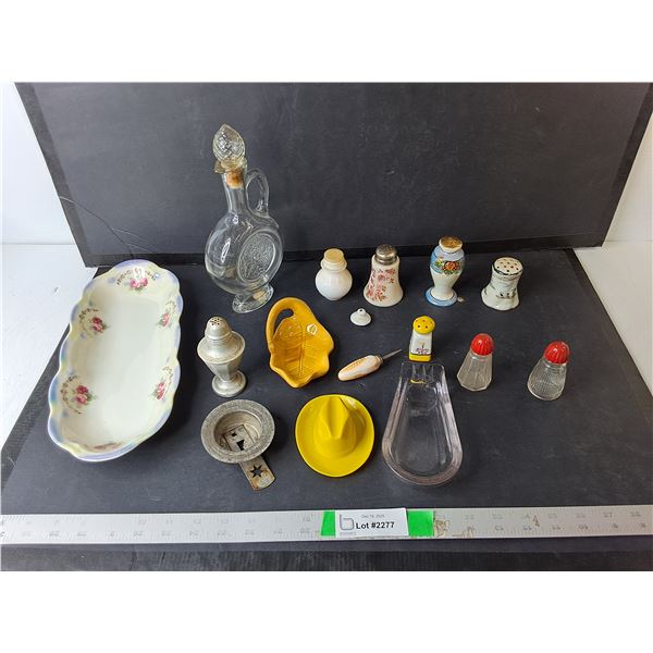 Glass Decanter 9.5", Ceramic Tray, Salt & Pepper Shakers, Misc.