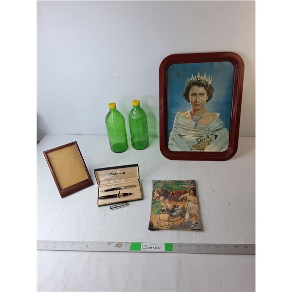 Queen Elizabeth Tray 16" x 12", Fountain Pen, (2) Vintage Glass Bottles, Misc.