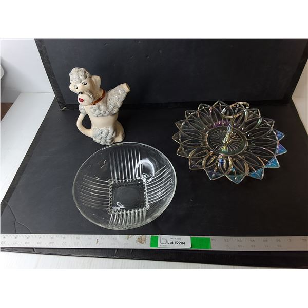 Ceramic Poodle Pitcher 8.5", Iridescent Tray, Glass Bowl