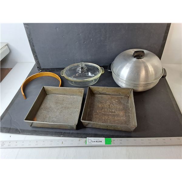 Vintage Kitchen Lot- Aluminum Bun Warmer, Glass Casserole Dish, Cake Tins, Misc.