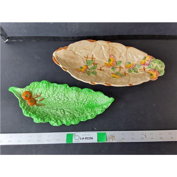 (2) Leaf Shaped Ceramic Trays Up to 13.25"