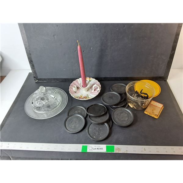 Glass Bowl with Lid, Ceramic Candleholder, Plastic Tube Ends, Misc.