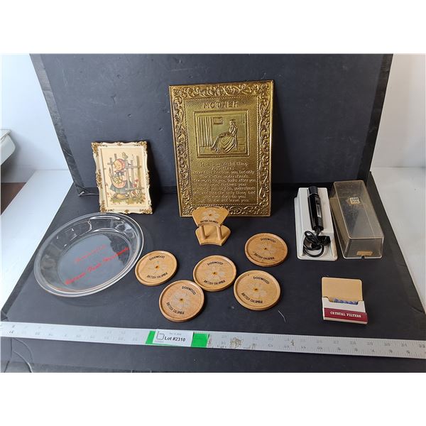 Metal 'Mother' Sign 11.5" x 8.5", Wooden Dogwood Coasters, Crystal Cigarette Filters, Misc.
