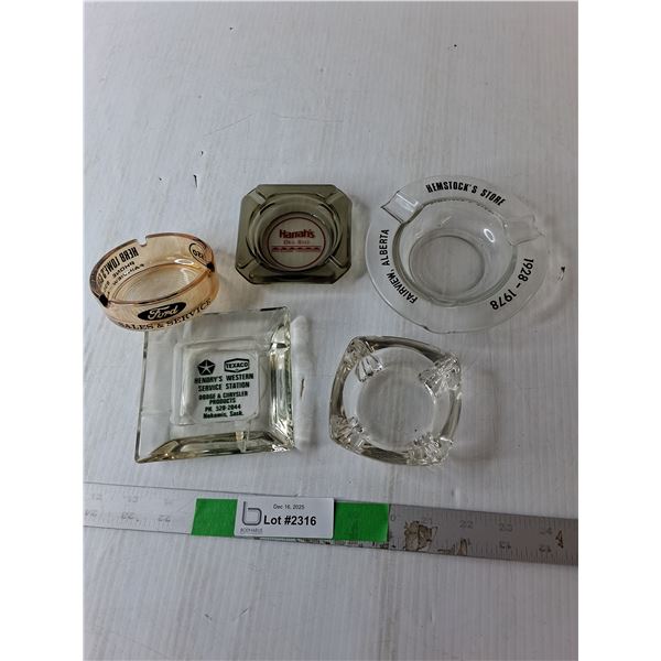 (5) Glass Ashtrays- Esso, Texaco, Ford, Misc.