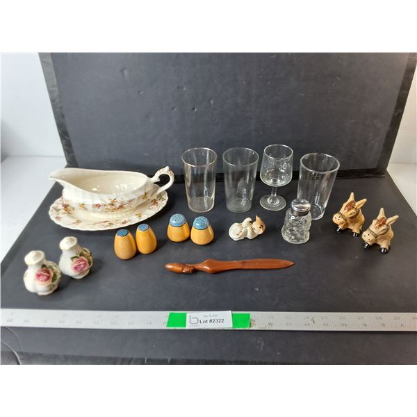 Gravy Boat, Glasses, Ceramic Salt & Pepper Shakers, Misc.