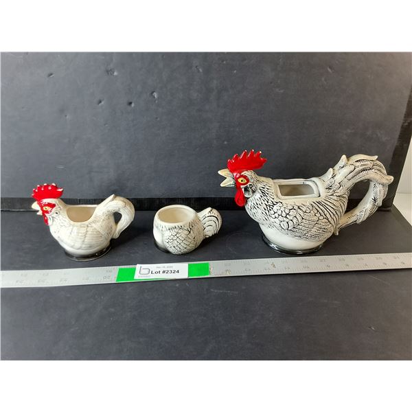 Ceramic Rooster Creamers & Sugar Bowl