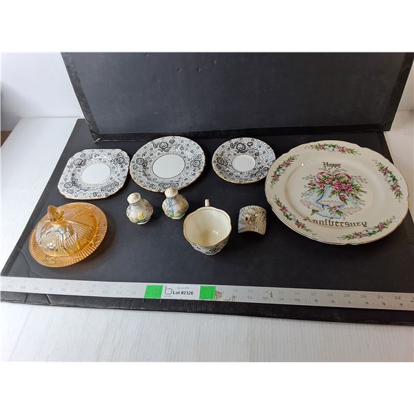 Anniversary Plate 10.25", Marigold Iridescent Butter Dish, Salt & Pepper Shakers, Misc.