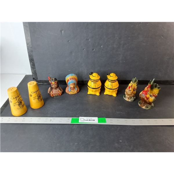 (4) Sets of Salt & Pepper Shakers- Rooster, Indigenous, RCMP, Misc.