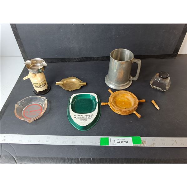 Ashtrays, Ink Bottle, Metal & Glass Beer Stein