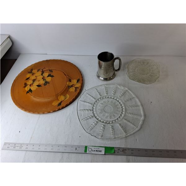Painted Wooden Tray 14.75", Metal Beer Stein, Glass Plates